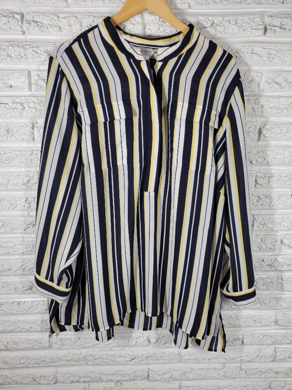 CJ Banks Womens 3X Top Yellow Blue Striped 1/4 Button Long Sleeve STR40E